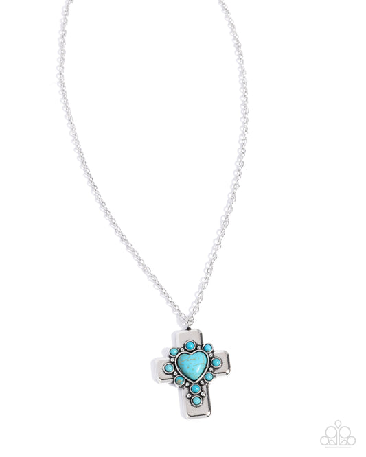 Paparazzi Heavenly Color - Blue Turquoise Heart Silver Cross Necklace