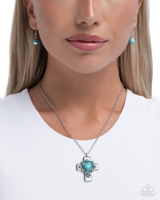 Paparazzi Heavenly Color - Blue Turquoise Heart Silver Cross Necklace