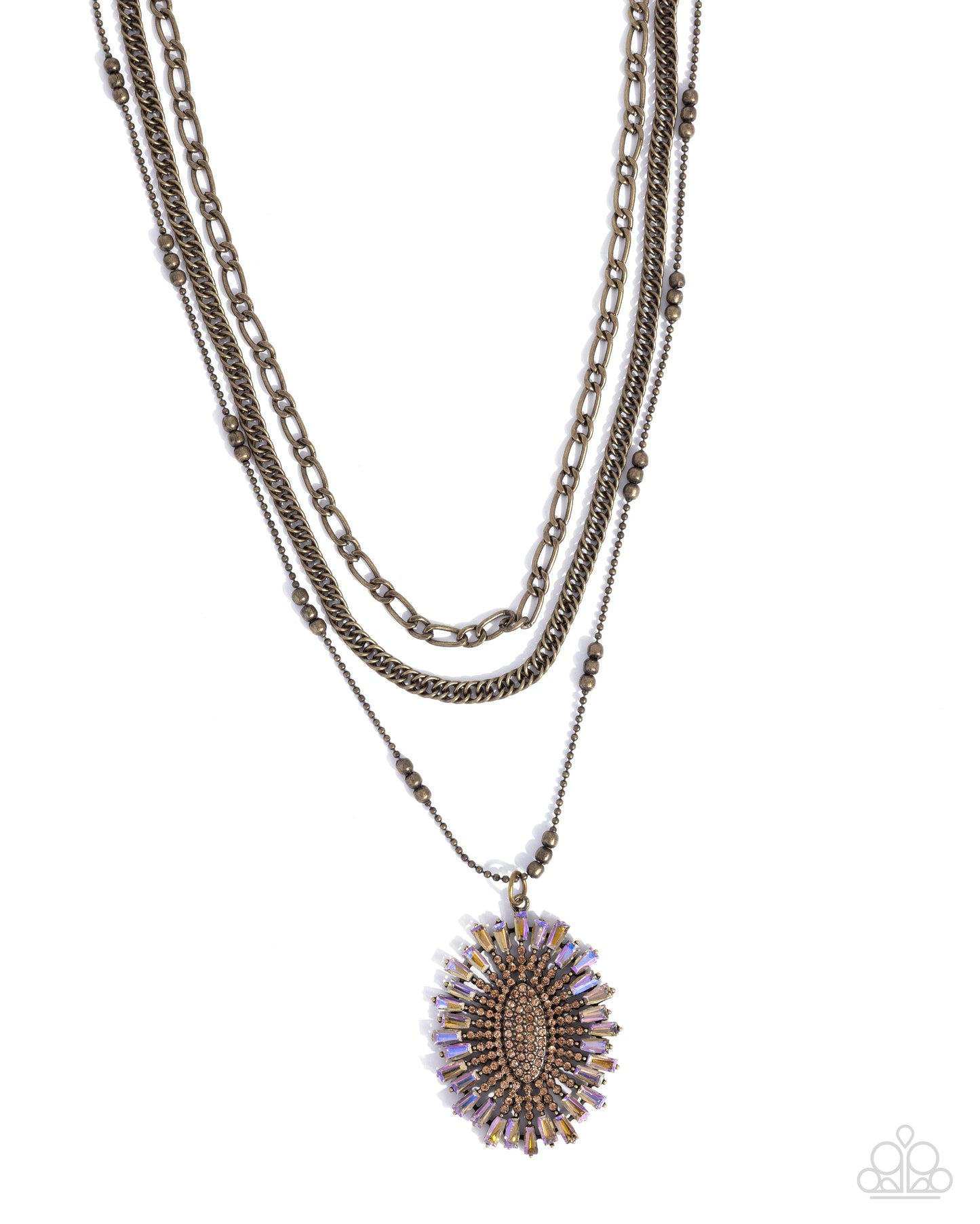 Paparazzi Fitting In - Brass Layered Chain Sunburst Topaz & Peach Gem Necklace N3892