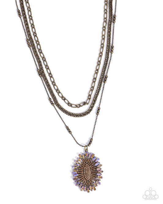 Paparazzi Fitting In - Brass Layered Chain Sunburst Topaz & Peach Gem Necklace N3892