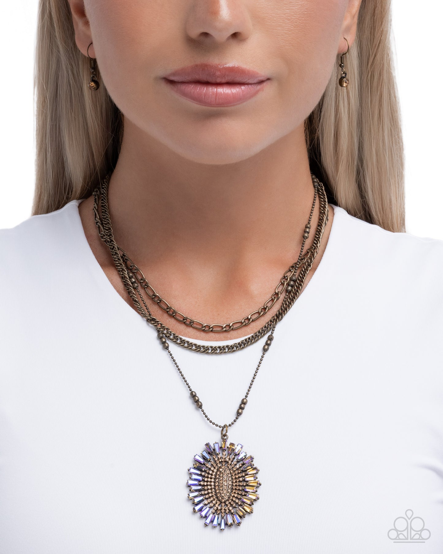Paparazzi Fitting In - Brass Layered Chain Sunburst Topaz & Peach Gem Necklace N3892