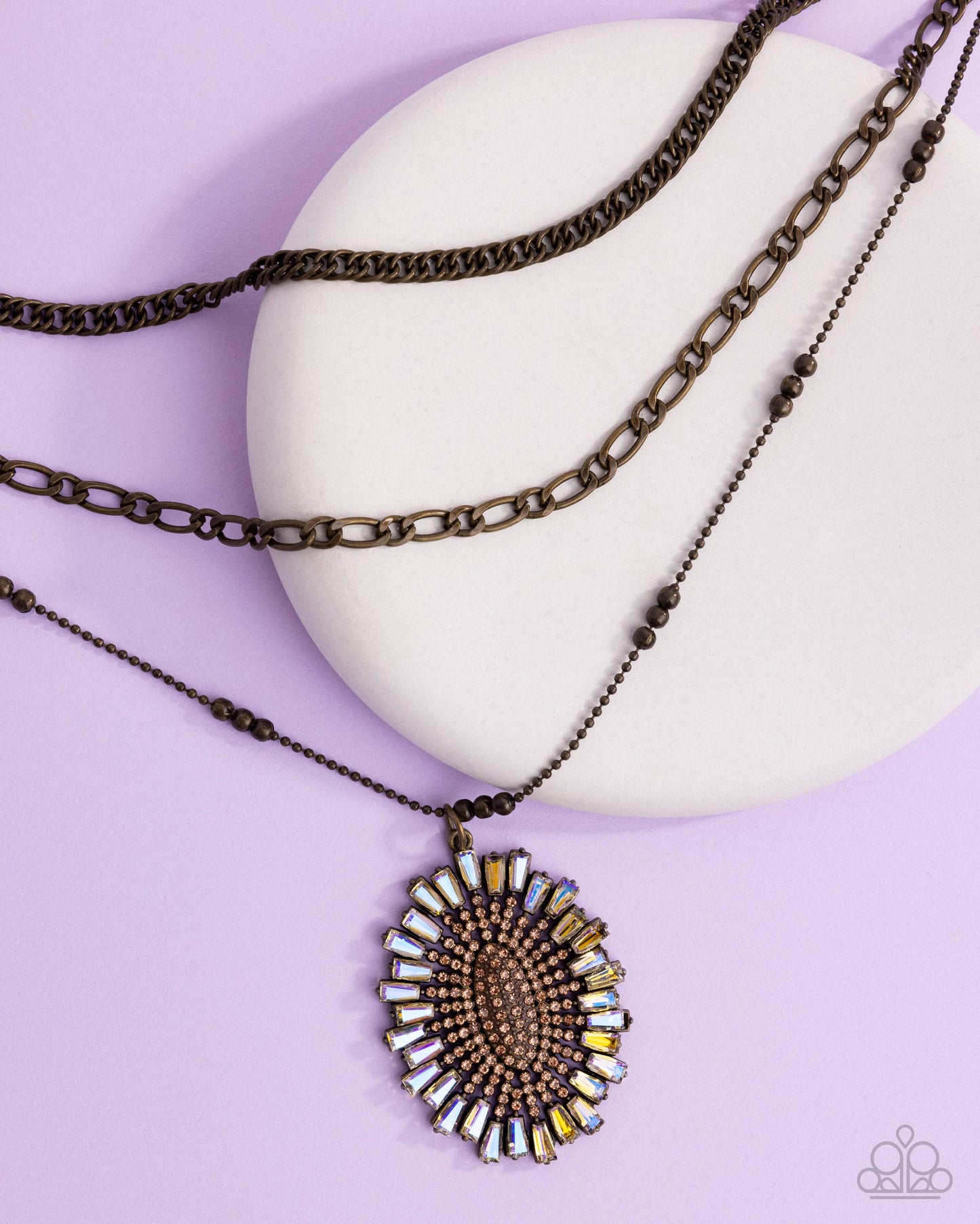 Paparazzi Fitting In - Brass Layered Chain Sunburst Topaz & Peach Gem Necklace N3892