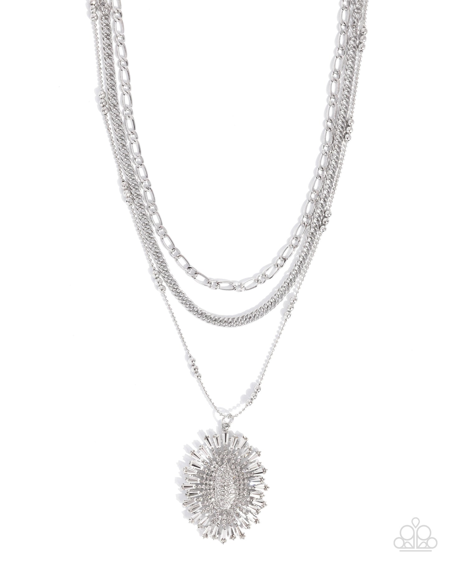 Paparazzi Fitting In - White Rhinestone Sunburst Inspired Silver Figaro, Curb & Ball Chain Layered Pendant Necklace N3883