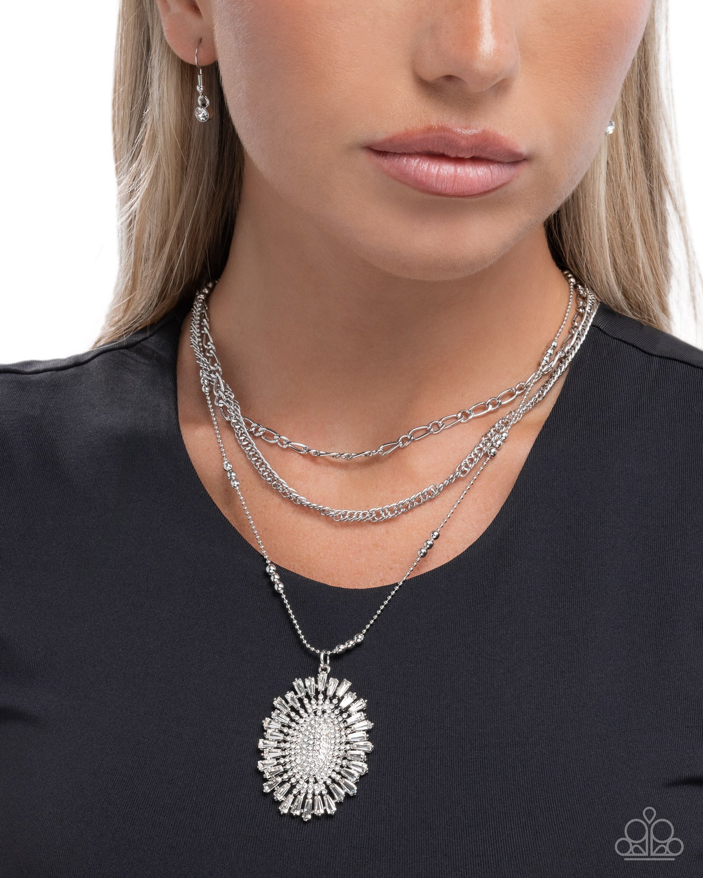 Paparazzi Fitting In - White Rhinestone Sunburst Inspired Silver Figaro, Curb & Ball Chain Layered Pendant Necklace N3883