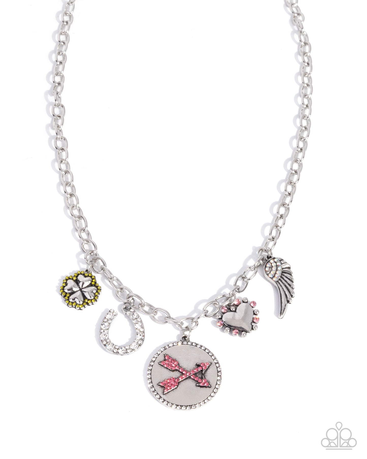 Paparazzi Eclectically Engaged - Pink, Rose, Olive, Iridescent Rhinestone, Angel Wing Charm Necklace N3866