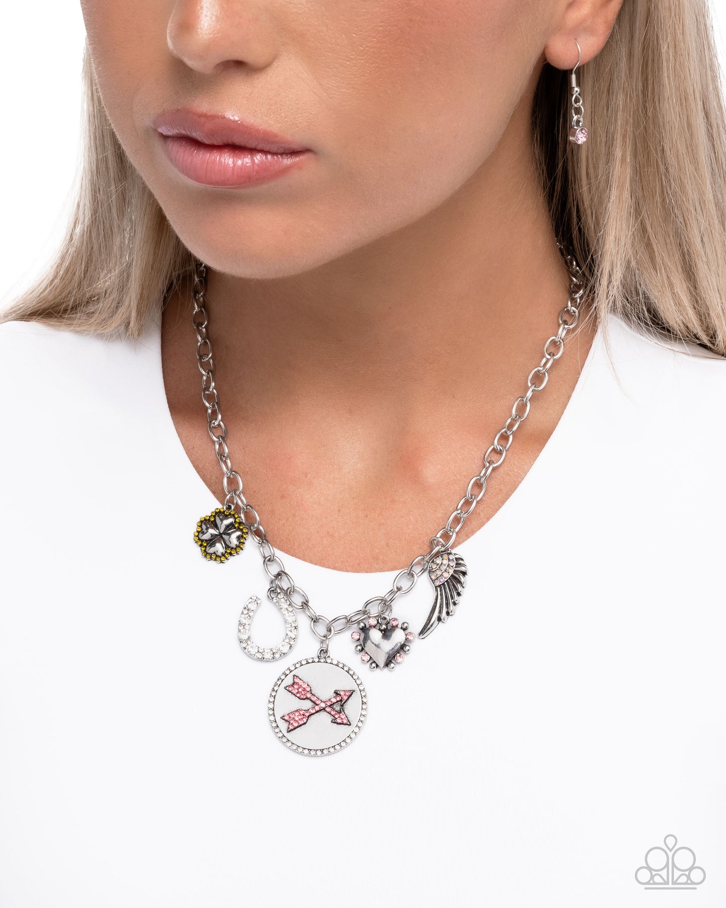 Paparazzi Eclectically Engaged - Pink, Rose, Olive, Iridescent Rhinestone, Angel Wing Charm Necklace N3866