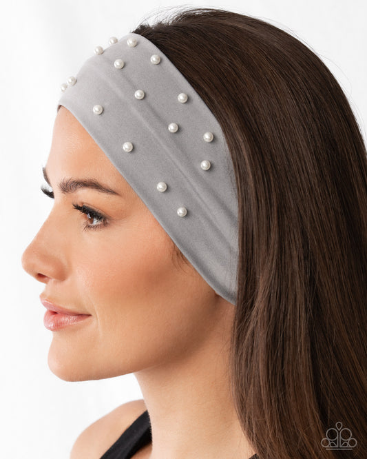 Placid Pearls - Silver Gray & White Pearl Stretch Fabric Headband Paparazzi H0231