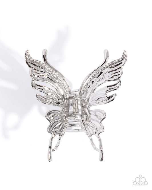 Paparazzi Flutter Following - White Rhinestone Silver Butterfly Hair Claw Clip H0264