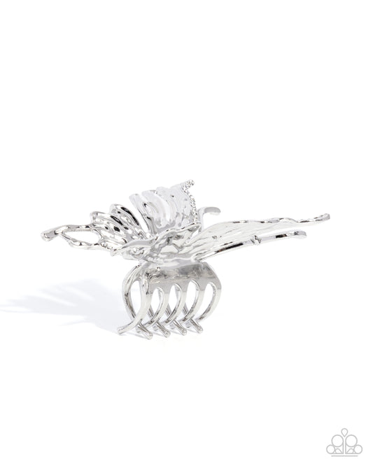 Paparazzi Flutter Following - White Rhinestone Silver Butterfly Hair Claw Clip H0264