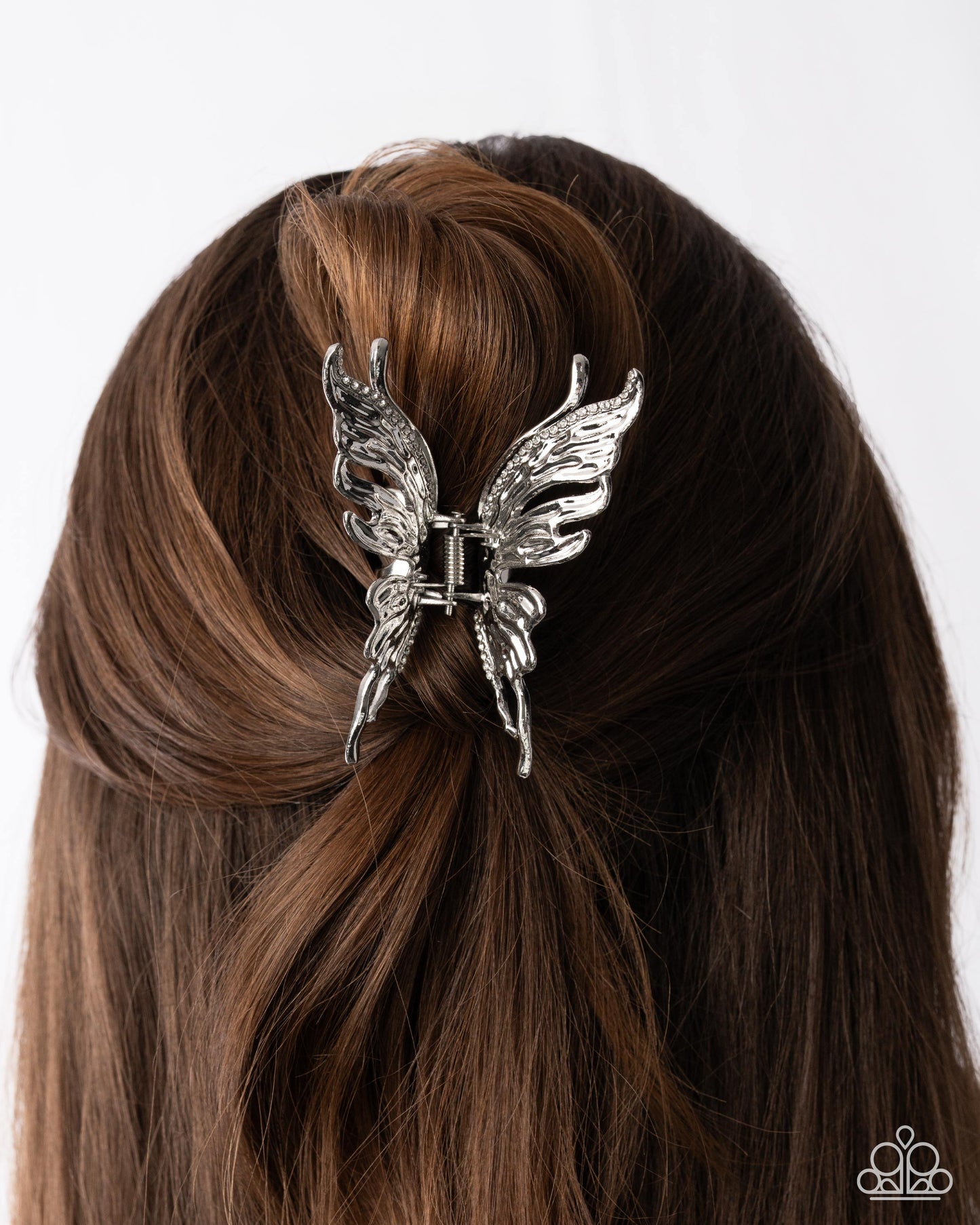 Paparazzi Flutter Following - White Rhinestone Silver Butterfly Hair Claw Clip H0264