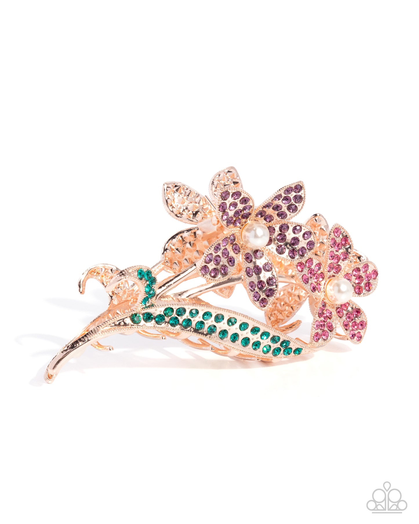 Paparazzi Dainty Duo - Multicolored Rose, Light Amethyst Rhinestone Rose Gold Flow Claw Clip H0253