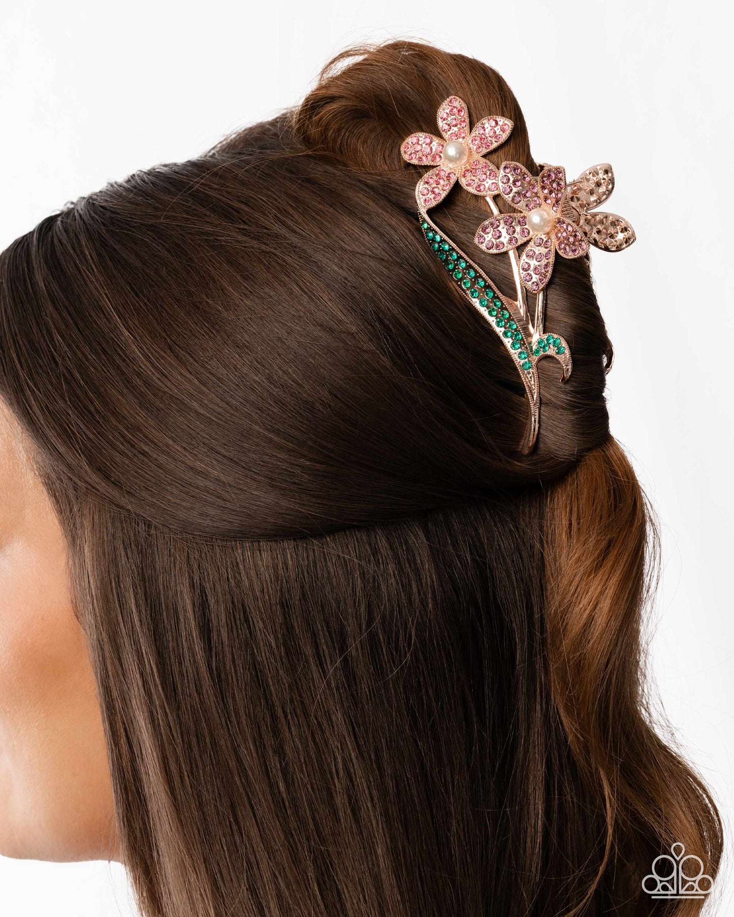 Paparazzi Dainty Duo - Multicolored Rose, Light Amethyst Rhinestone Rose Gold Flow Claw Clip H0253