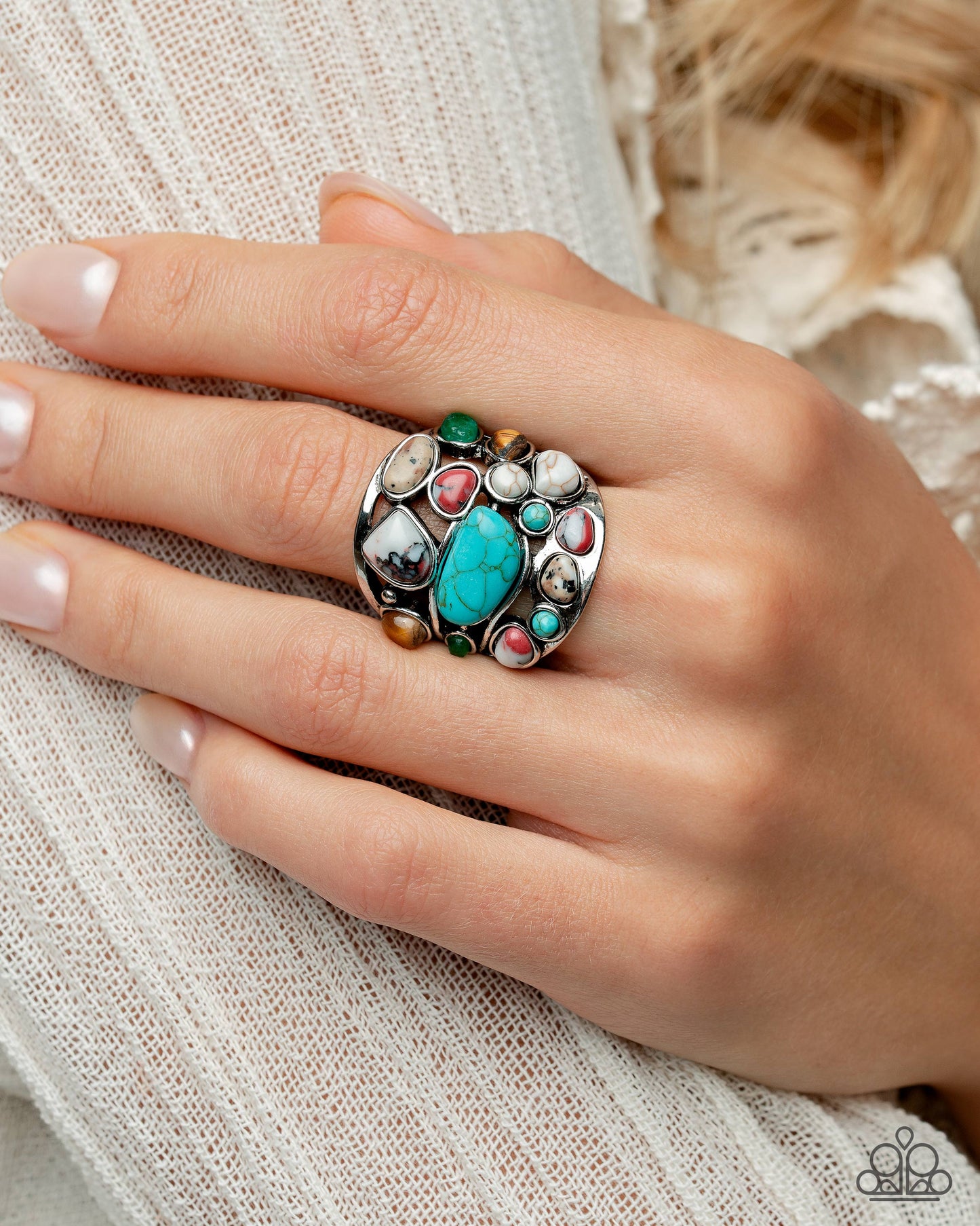 Medley Mayhem - Multi Bronze Brown, Jade, Tiger's Eye, Turquoise, White, Poppy Red Stone Ring Santa Fe Style Paparazzi 2025 Convention Exclusive R1143