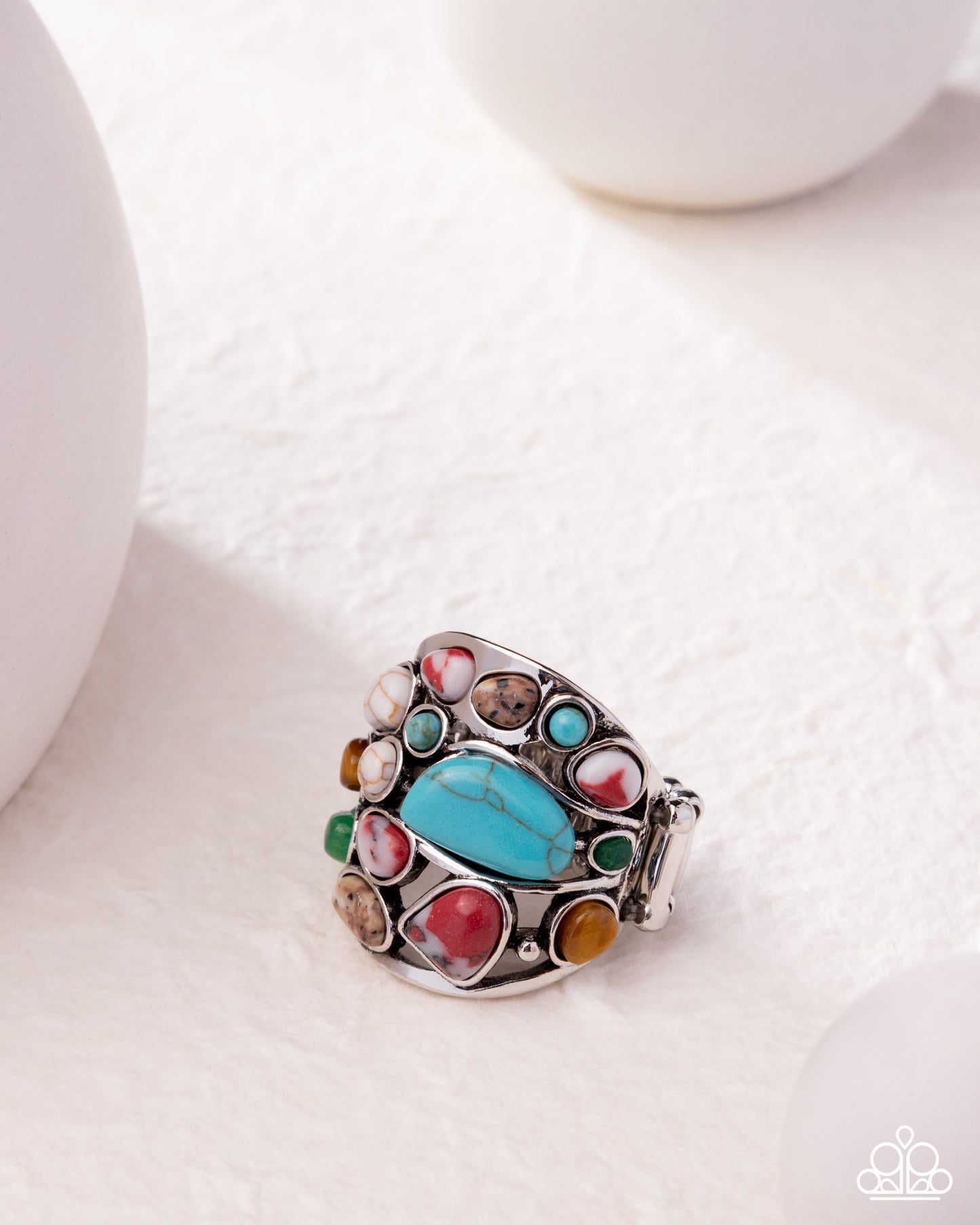 Medley Mayhem - Multi Bronze Brown, Jade, Tiger's Eye, Turquoise, White, Poppy Red Stone Ring Santa Fe Style Paparazzi 2025 Convention Exclusive R1143