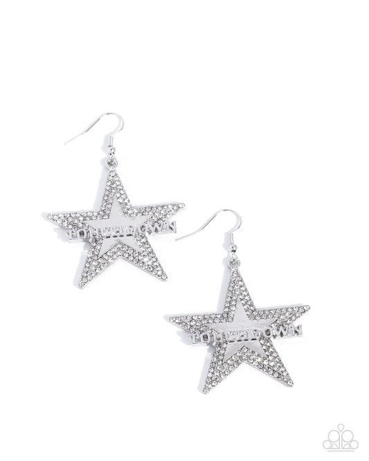 Touchdown Tribute - White Rhinestone Silver Star "TOUCHDOWN" Football Sport Earring Paparazzi E3089