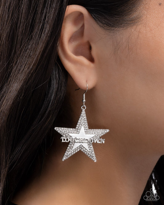 Touchdown Tribute - White Rhinestone Silver Star "TOUCHDOWN" Football Sport Earring Paparazzi E3089