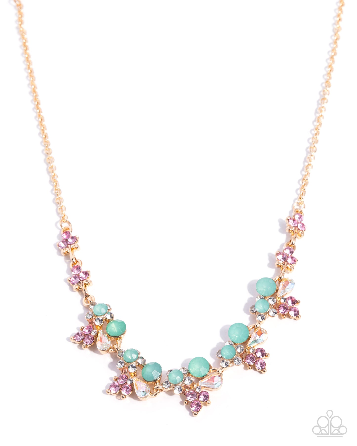 Paparazzi Clustered Cabaret - Green - Mint Green Opalescent Bead & Light Rose, White Rhinestone Necklace N2977