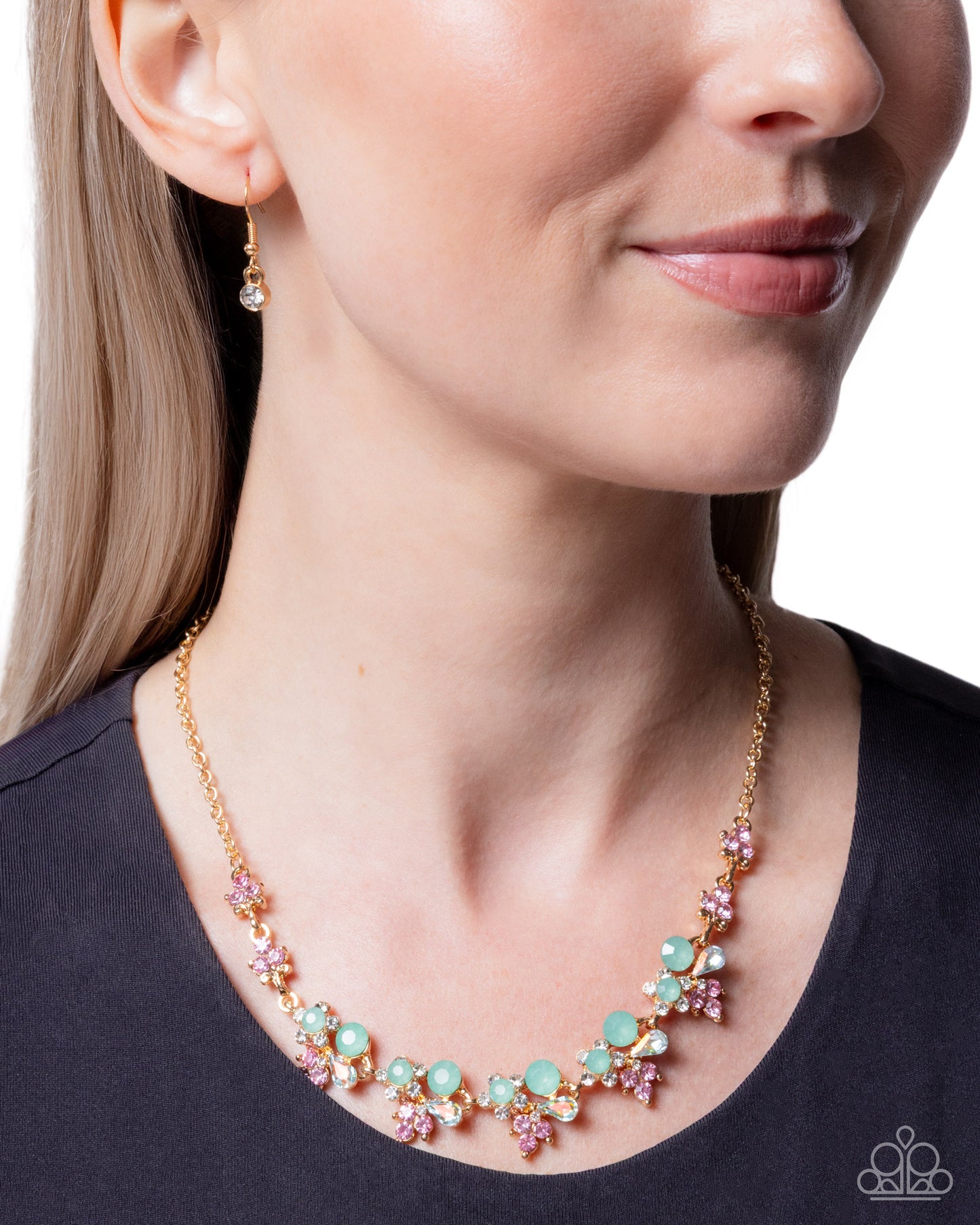 Paparazzi Clustered Cabaret - Green - Mint Green Opalescent Bead & Light Rose, White Rhinestone Necklace N2977