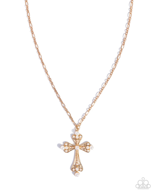 Paparazzi Heavenly Haul - Gold & White Pearl Cross Necklace