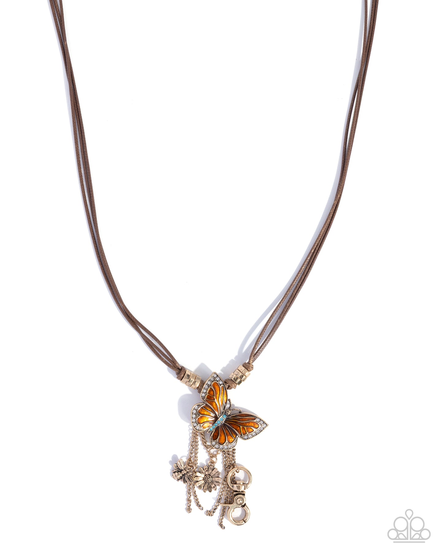 Paparazzi Whimsical World - Orange Painted Gold Butterfly, Gold Bee, Brown Corded Lanyard Necklace N3983