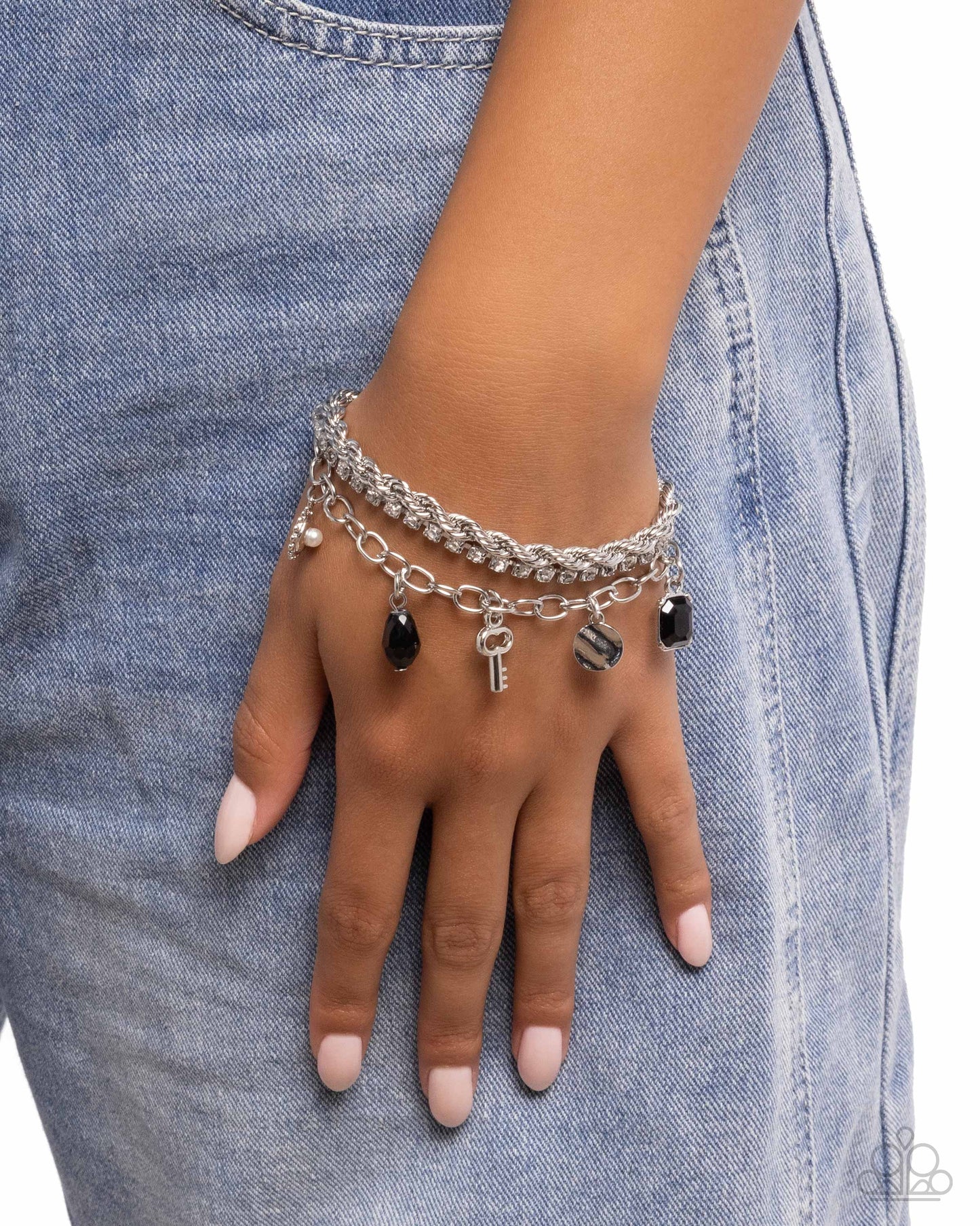 Paparazzi Keynote Speaker - Black Bead, White Rhinestone Multi Chain Bracelet B2155