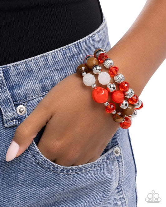 Colorful Collection - Red Poppy, Ivory, & Bronze Brown Stretch Set Of Three Bracelet Paparazzi B2425