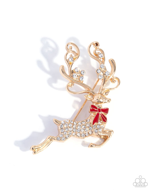 Paparazzi Reindeer Games - Gold Christmas Holiday Lapel Pin Brooch