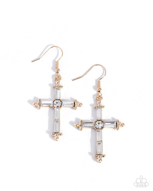 Paparazzi Heavenly Homage - Gold & White Gem Cross Earring