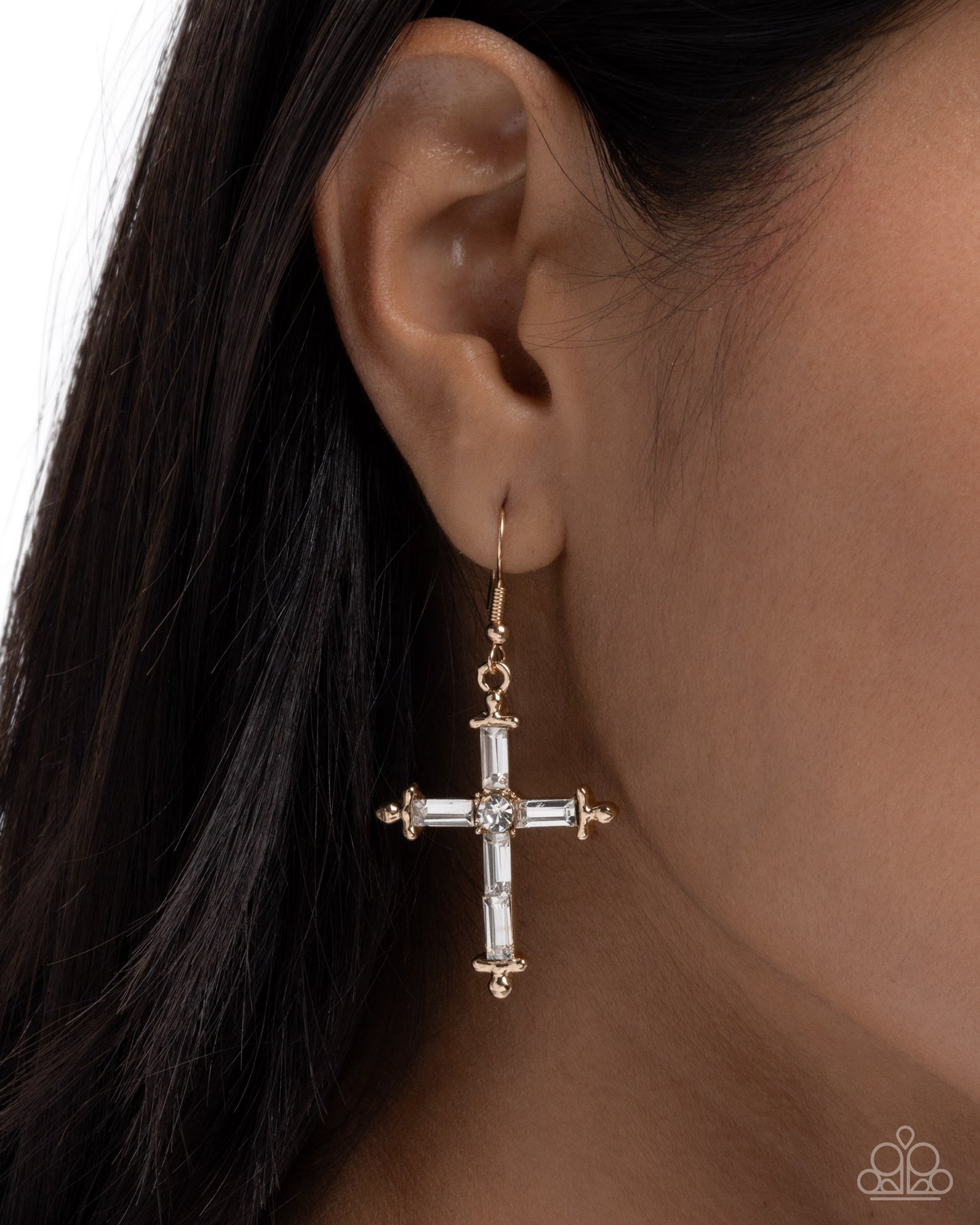 Paparazzi Heavenly Homage - Gold & White Gem Cross Earring