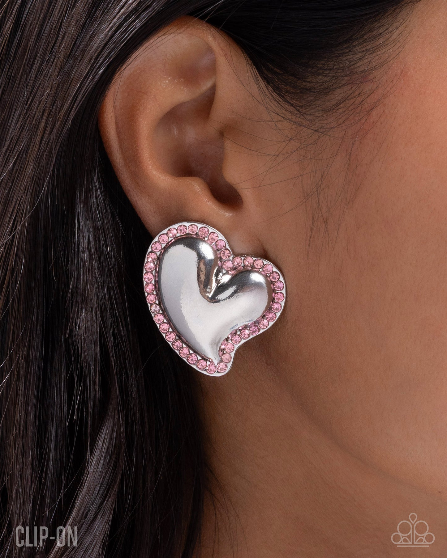 Paparazzi Loveable Luminescent - Pink - Light Rose Rhinestone Silver Heart Clip-On Earring E3296