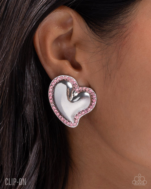 Paparazzi Loveable Luminescent - Pink - Light Rose Rhinestone Silver Heart Clip-On Earring E3296