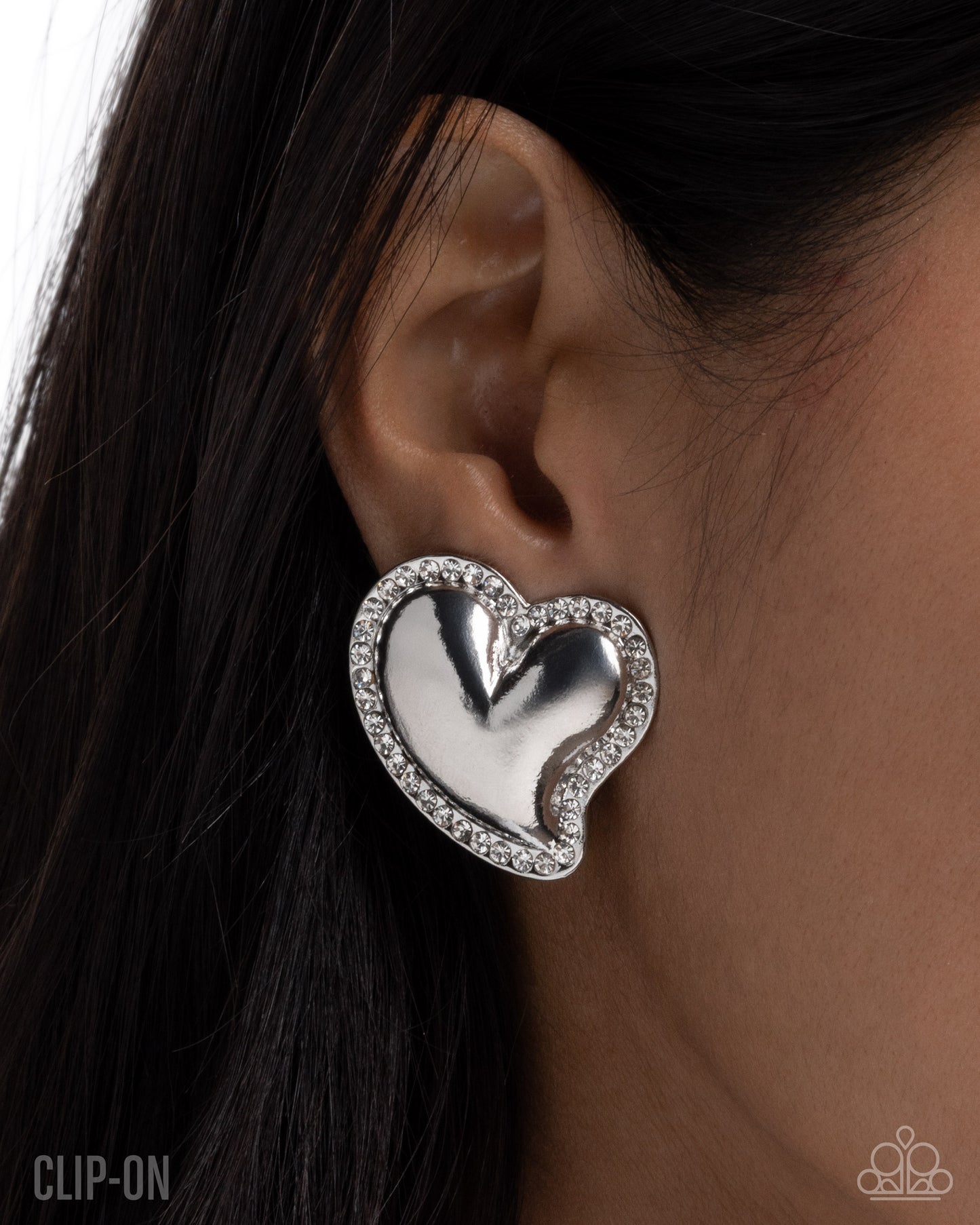 Paparazzi Loveable Luminescent - White Rhinestone Silver Heart Clip On Earring E3292