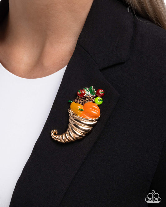 Paparazzi Cornucopia Chic - Multicolored Gold Cornucopia Thanksgiving Lapel Pin Brooch BR016