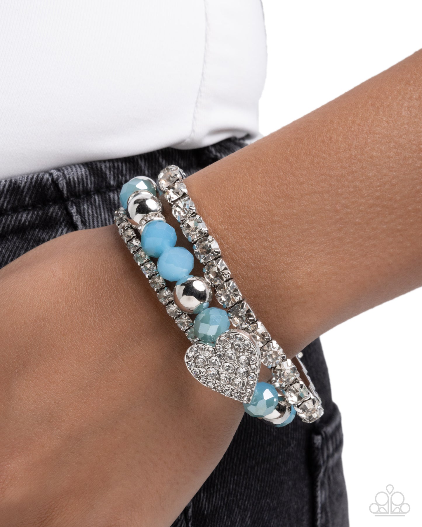 Paparazzi Heartfelt Heiress - Blue UV Shimmery, Silver Bead & White Rhinestone Set Of 3 Bracelets B1024