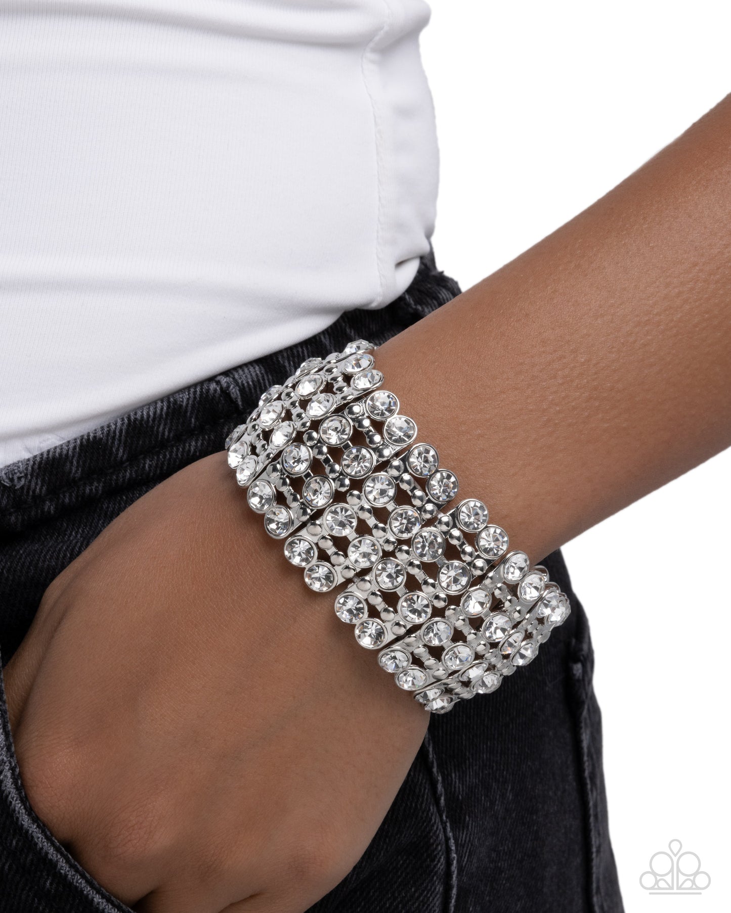 Paparazzi Exuberant Elegance - White Rhinestone Stretch Bracelet B2615