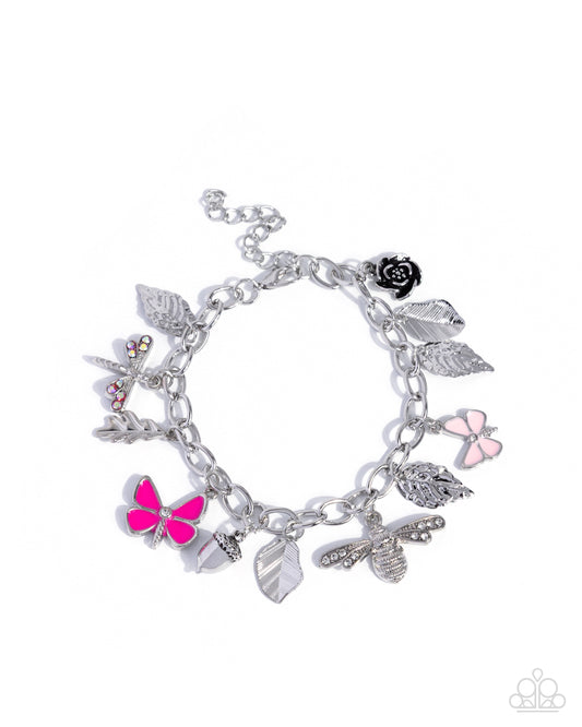 Paparazzi Iconic Insects - Pink Peacock & Baby Pink Butterfly Silver Bracelet B2606