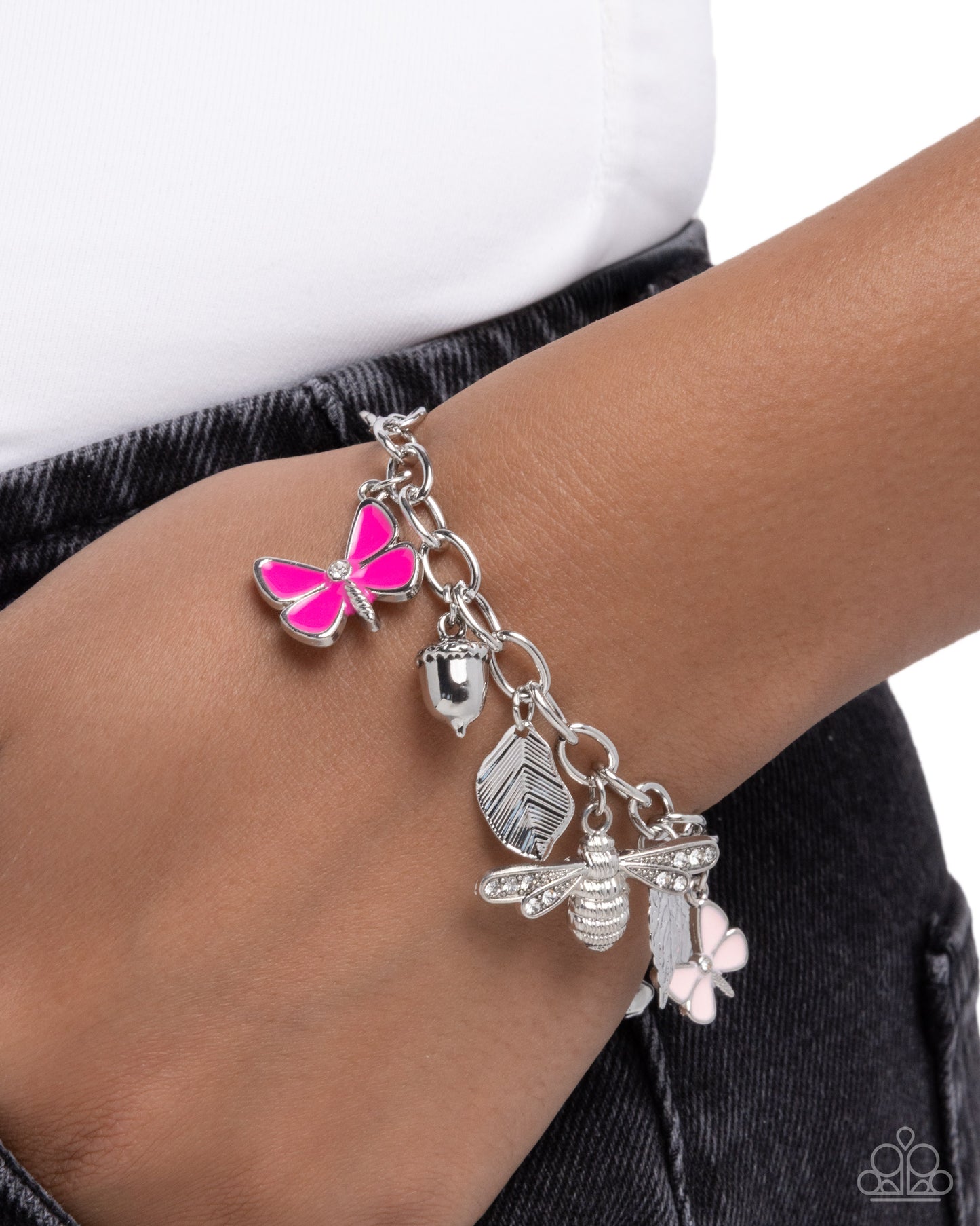 Paparazzi Iconic Insects - Pink Peacock & Baby Pink Butterfly Silver Bracelet B2606