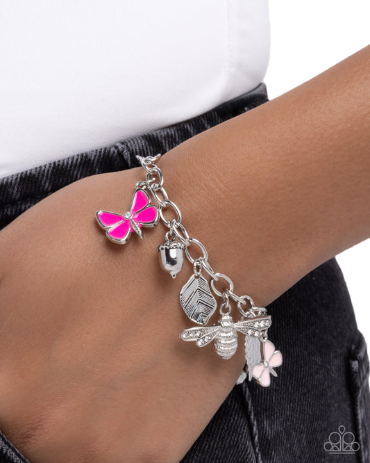 Paparazzi Iconic Insects - Pink Peacock & Baby Pink Butterfly Silver Bracelet B2606