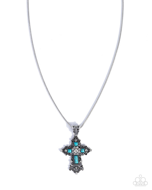 Paparazzi Celestial Color - Blue Turquoise Stone Silver Cross Necklace