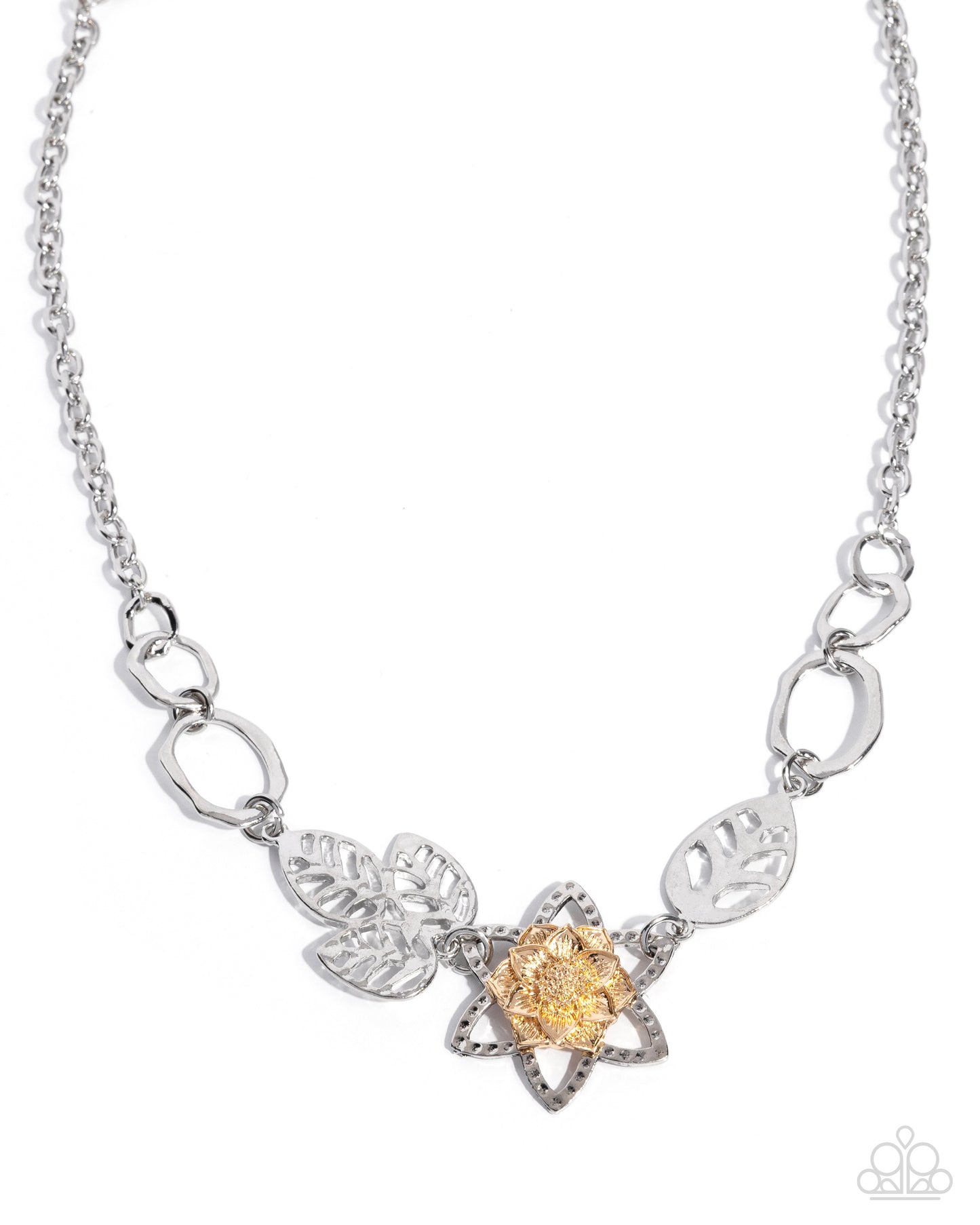 Paparazzi Malibu Meditation - Silver Hammered leaves, Flowers & Gold Flower Necklace N3885