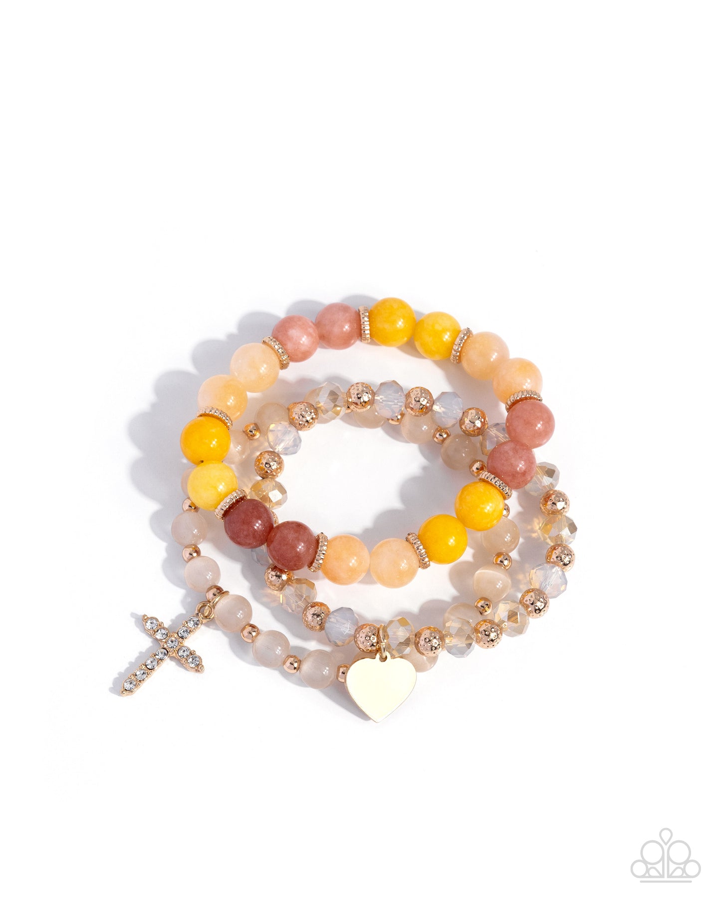 Paparazzi Divine Delight - Yellow, Light Pink, Light Brown, White Cat's Eye Stone, Gold Cross Set Of 3 Stretch Bracelets B2577
