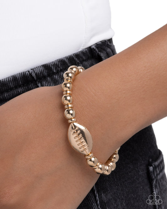 Football Flair - Gold Football Sport Stretch Bracelet Paparazzi B2400