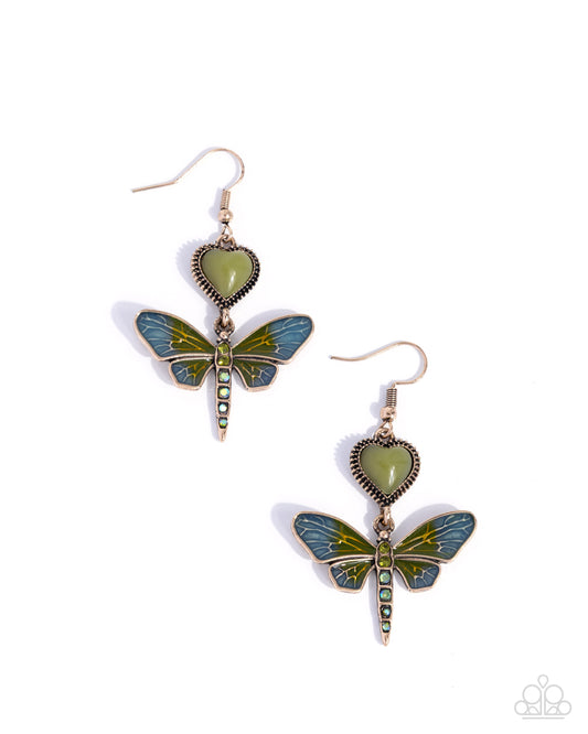 Dragonfly Devotion - Green UV Shimmery Rhinestone, Olive, Turquoise Painted Dragonfly Earring Paparazzi E3136