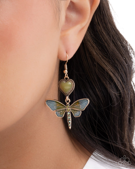 Dragonfly Devotion - Green UV Shimmery Rhinestone, Olive, Turquoise Painted Dragonfly Earring Paparazzi E3136