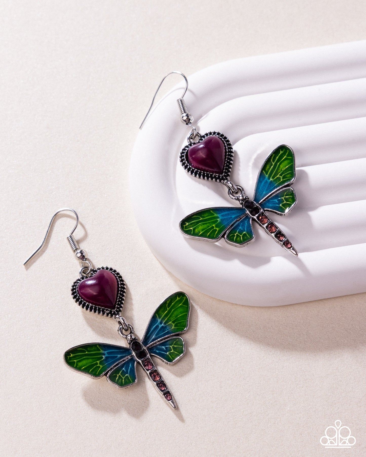 Paparazzi Dragonfly Devotion - Purple Damson Heart Green Dragonfly Earring E0339