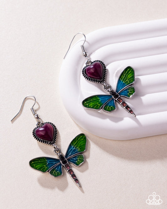 Paparazzi Dragonfly Devotion - Purple Damson Heart Green Dragonfly Earring E0339