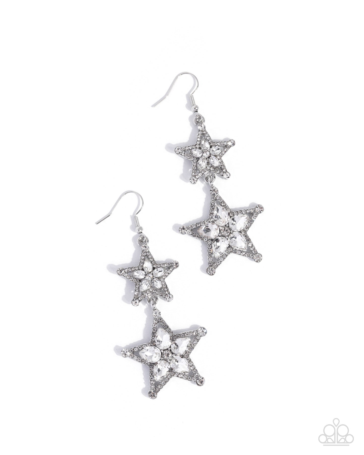Paparazzi Glittery Galaxy - White Rhinestone & Teardrop Gem Silver Star Earrings E3226