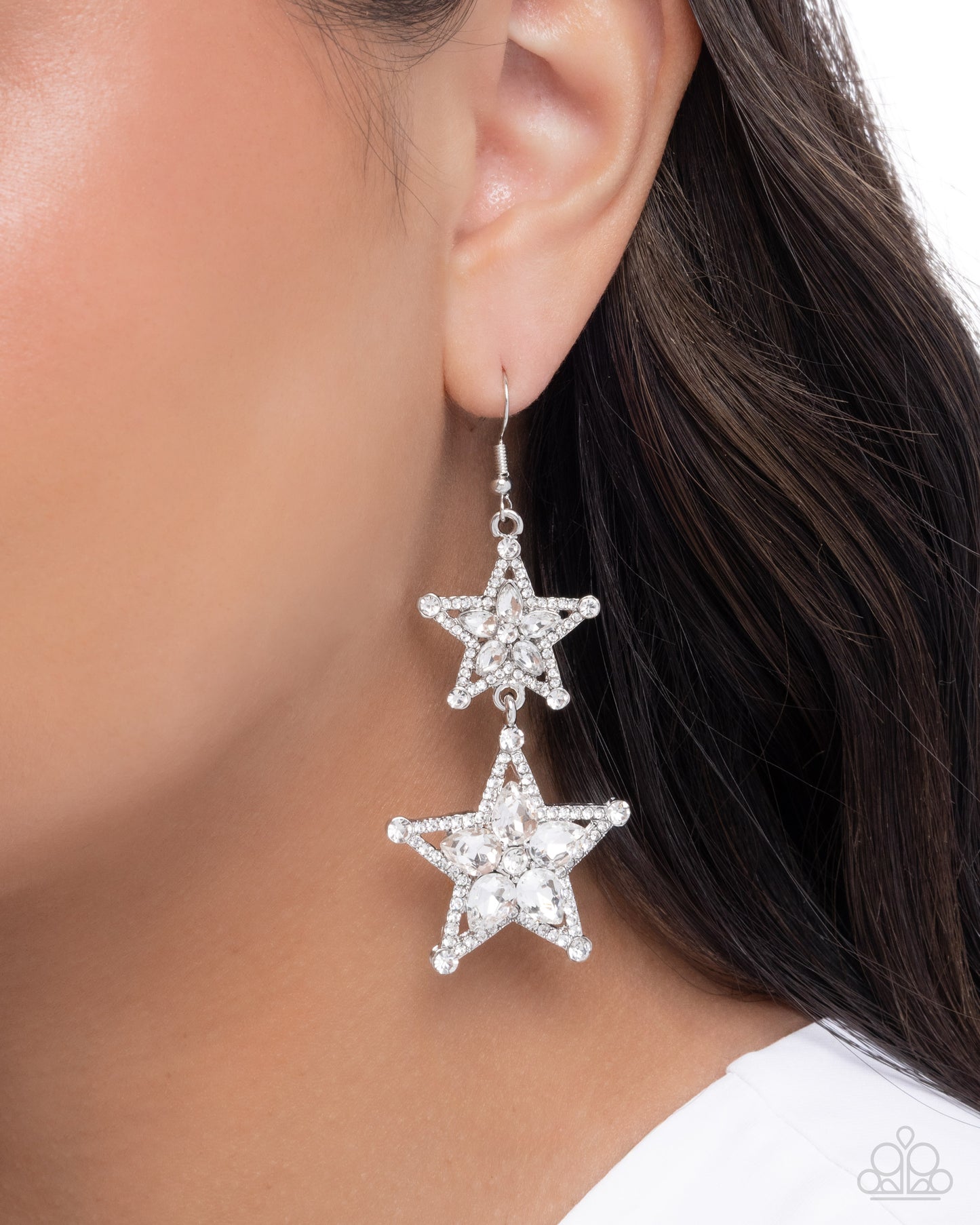 Paparazzi Glittery Galaxy - White Rhinestone & Teardrop Gem Silver Star Earrings E3226