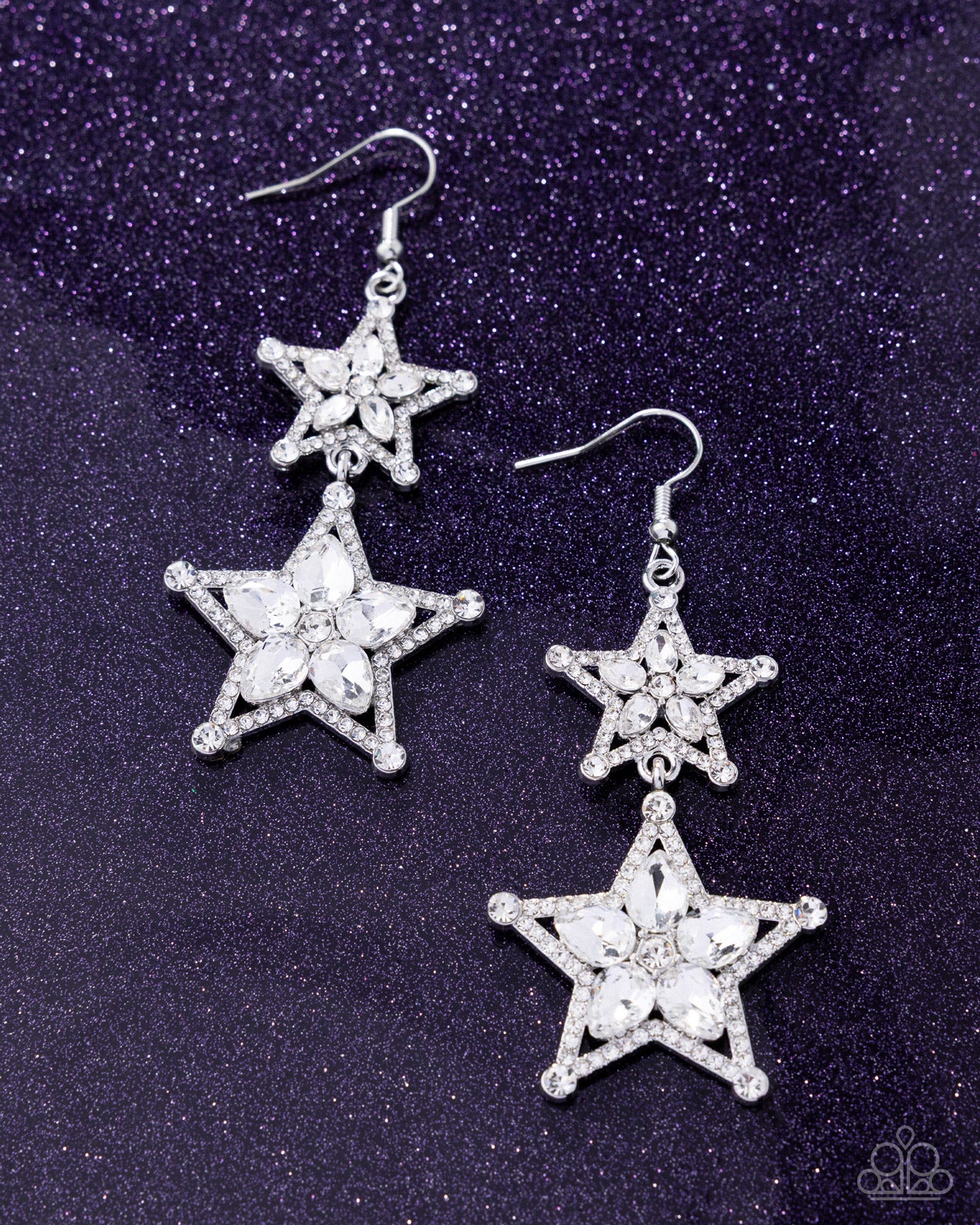 Paparazzi Glittery Galaxy - White Rhinestone & Teardrop Gem Silver Star Earrings E3226