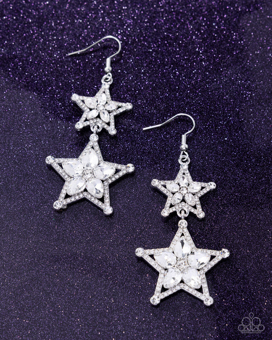 Paparazzi Glittery Galaxy - White Rhinestone & Teardrop Gem Silver Star Earrings E3226